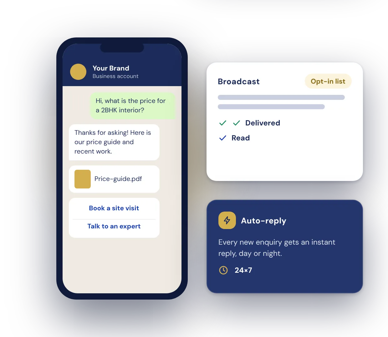 WhatsApp Business chat with automated replies and a broadcast message